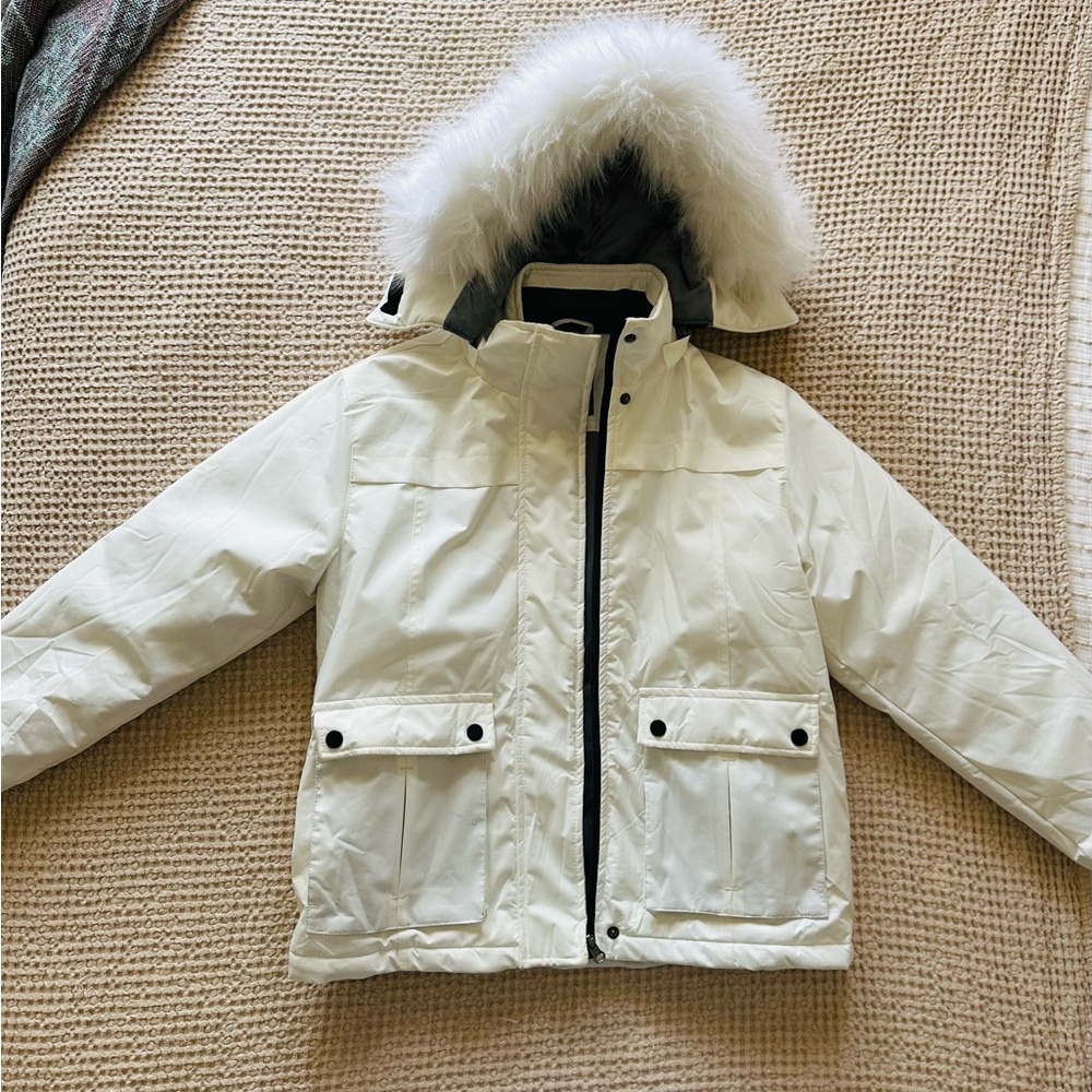 White Puffer Parka with Faux Fur Hood